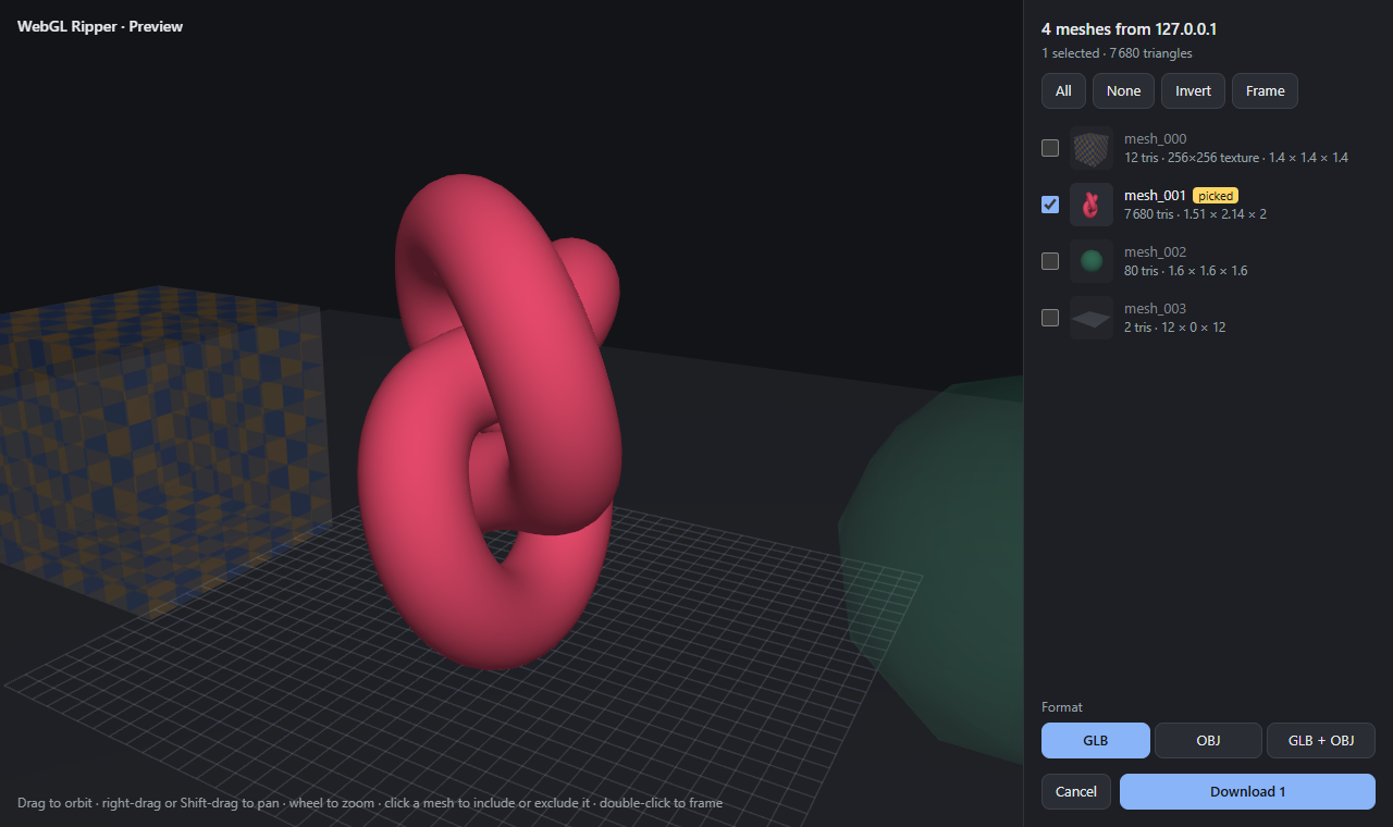 The preview with only the picked torus knot selected