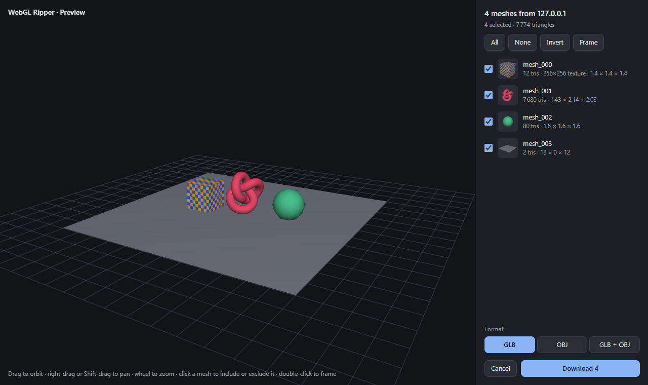 WebGL Ripper preview: a captured three.js scene in 3D with a list of meshes and the GLB / OBJ format buttons